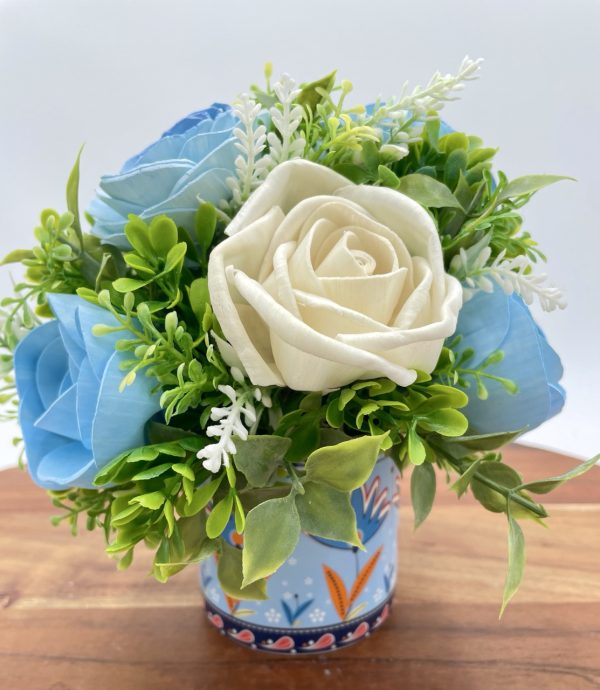 Tranquil Blooms: Blue & Ivory Wood Flower Arrangement