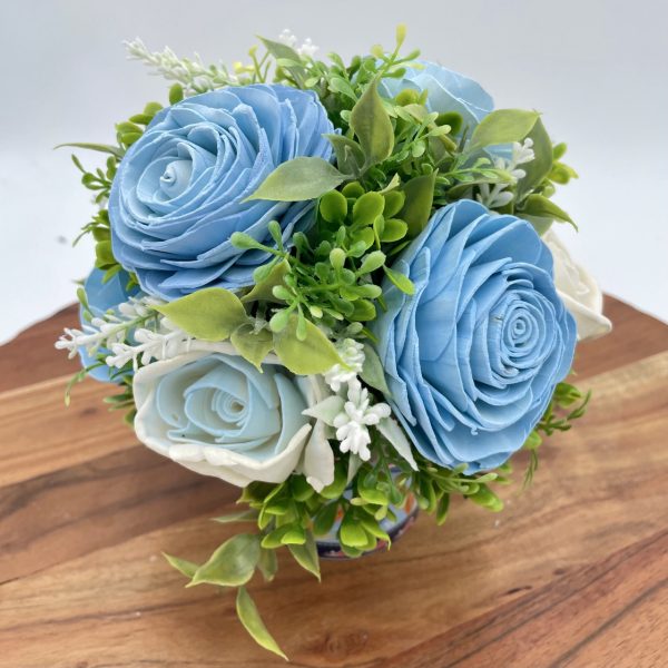 Tranquil Blooms: Blue & Ivory Wood Flower Arrangement - Image 4