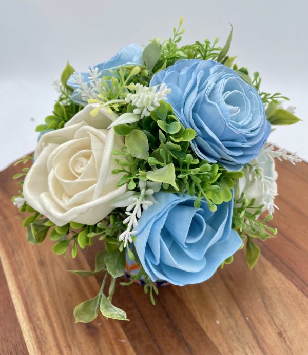 Tranquil Blooms: Blue & Ivory Wood Flower Arrangement - Image 5