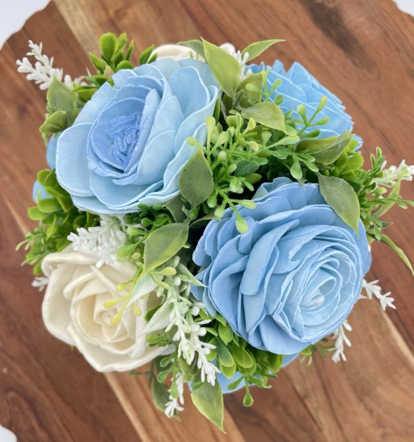 Tranquil Blooms: Blue & Ivory Wood Flower Arrangement - Image 6