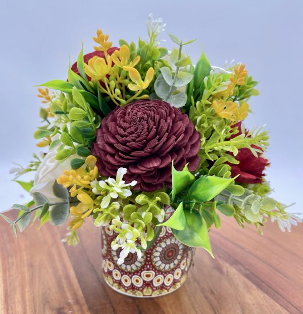 Crimson Grace: Red and White Wood Flower Arrangement in a Ceramic Container - Image 2