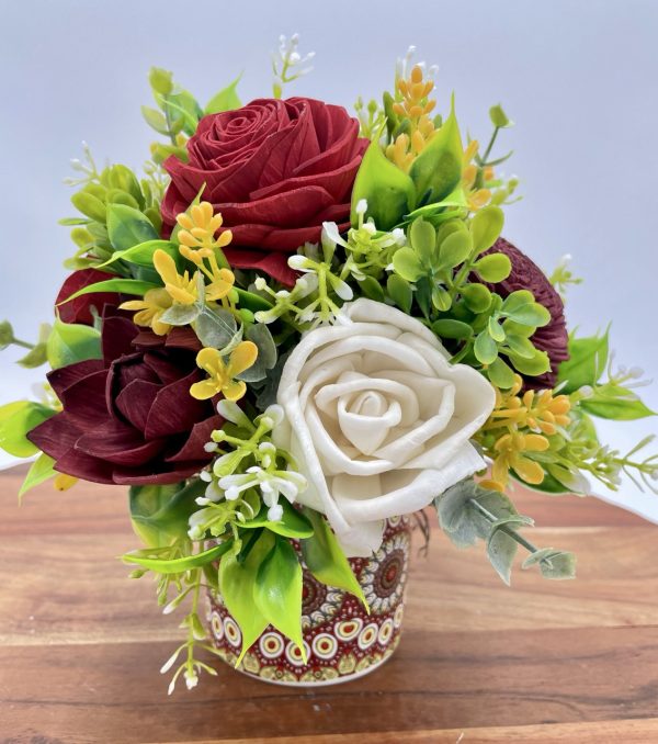 Crimson Grace: Red and White Wood Flower Arrangement in a Ceramic Container - Image 3