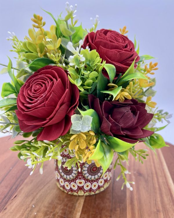 Crimson Grace: Red and White Wood Flower Arrangement in a Ceramic Container