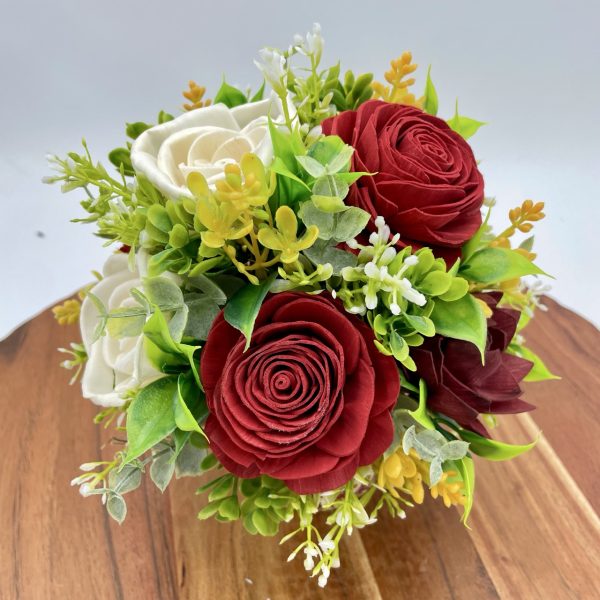 Crimson Grace: Red and White Wood Flower Arrangement in a Ceramic Container - Image 5