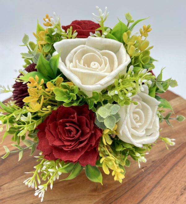 Crimson Grace: Red and White Wood Flower Arrangement in a Ceramic Container - Image 6