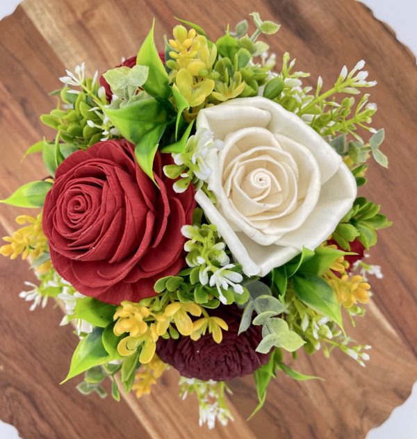 Crimson Grace: Red and White Wood Flower Arrangement in a Ceramic Container - Image 7