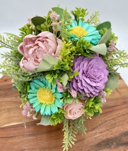 Teal Wooden Daisies, Pink Peonies & Purple Dahlia Centerpiece