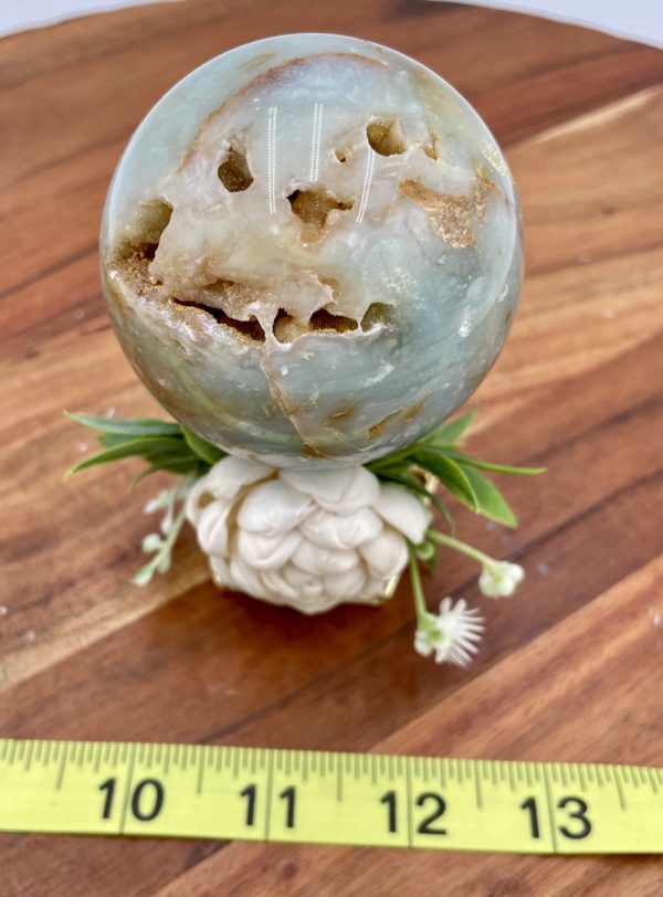 Hemimorphite Crystal Sphere w/Wood Flower Holder - Image 2