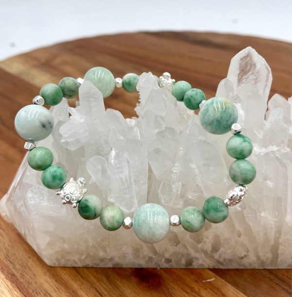 Ocean Serenity: Amazonite & Green Jade Crystal Bracelet with Silver Turtles - Image 3