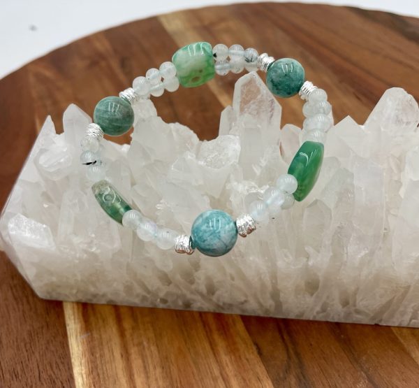 Moonlit Meadow: Green Coral Jade & White Moonstone Double Bracelet - Image 4